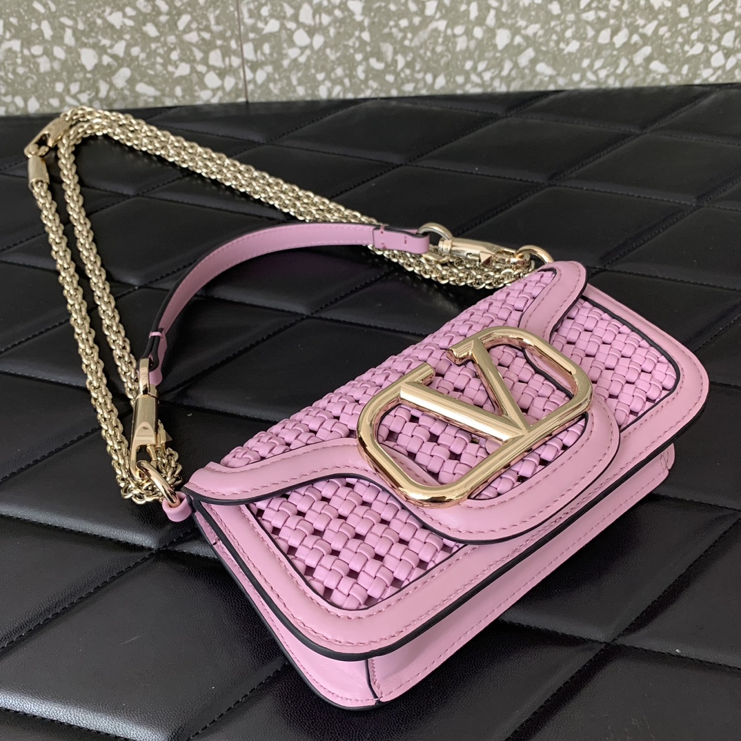 Valentino Garavani Loco Small Shoulder Bag in Pink Metallic Woven Leather 